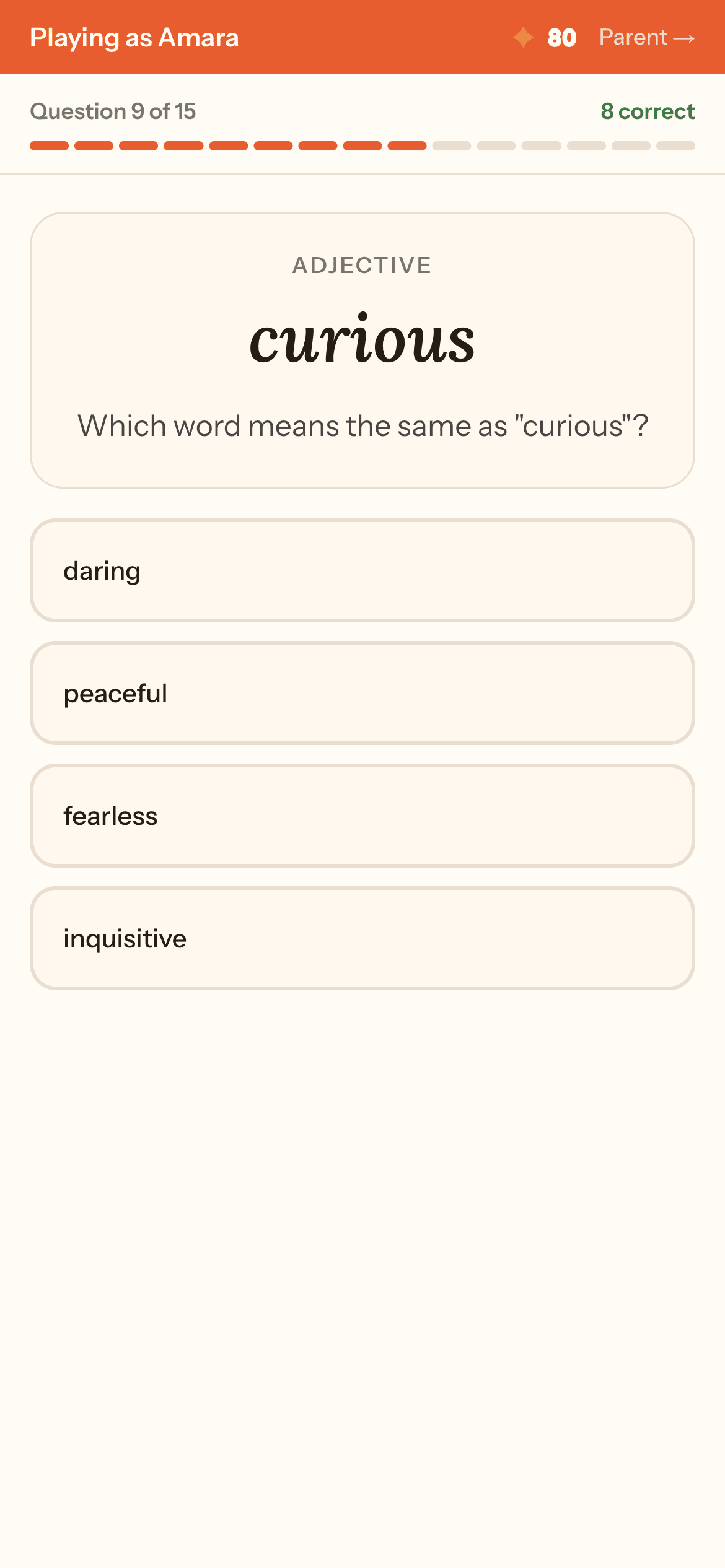 Wordforge quiz screen showing a vocabulary definition question