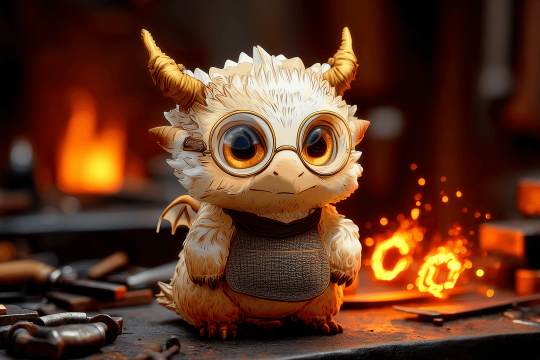 Vex the baby dragon forging words at a glowing anvil